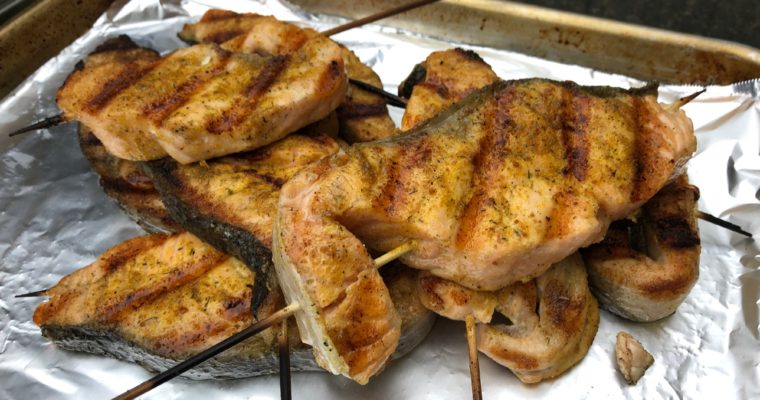 Cumin and dill salmon skewers