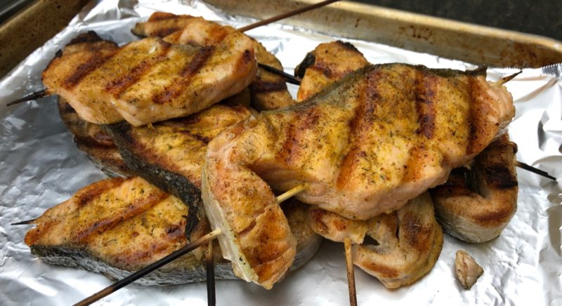 Cumin and dill salmon skewers