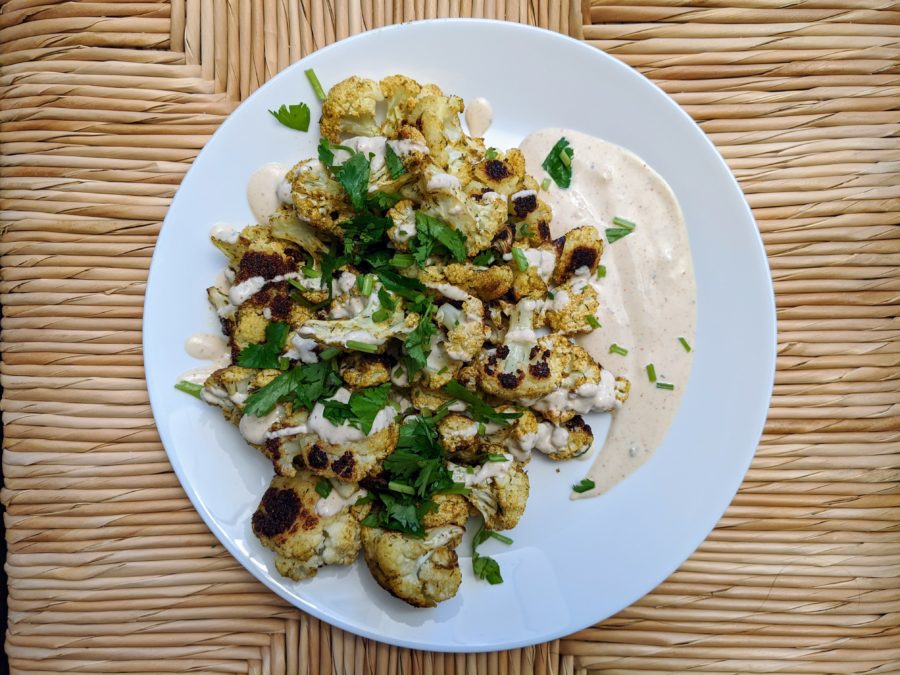 Roasted cauliflower with yogurt tahini sauce